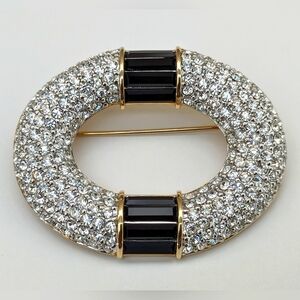 Signed SAL Black & Clear Swarovski Crystal Gold Plated Pave Oval Brooch Pin